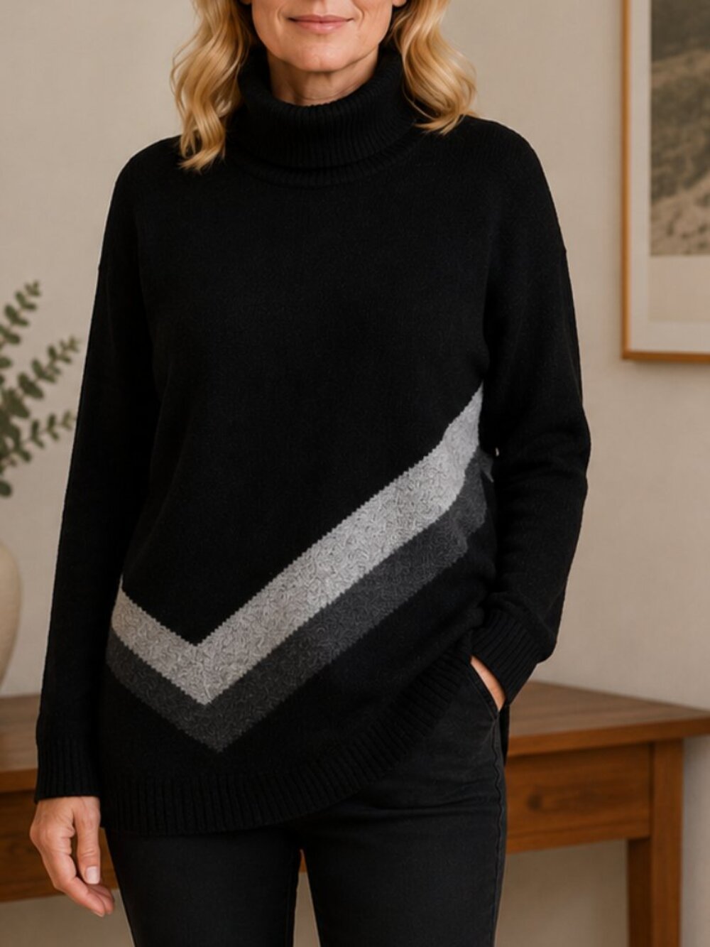 EUC DKNY Active 100% Lambswool Funnel Neck Sweater – Black & Grey – Size L